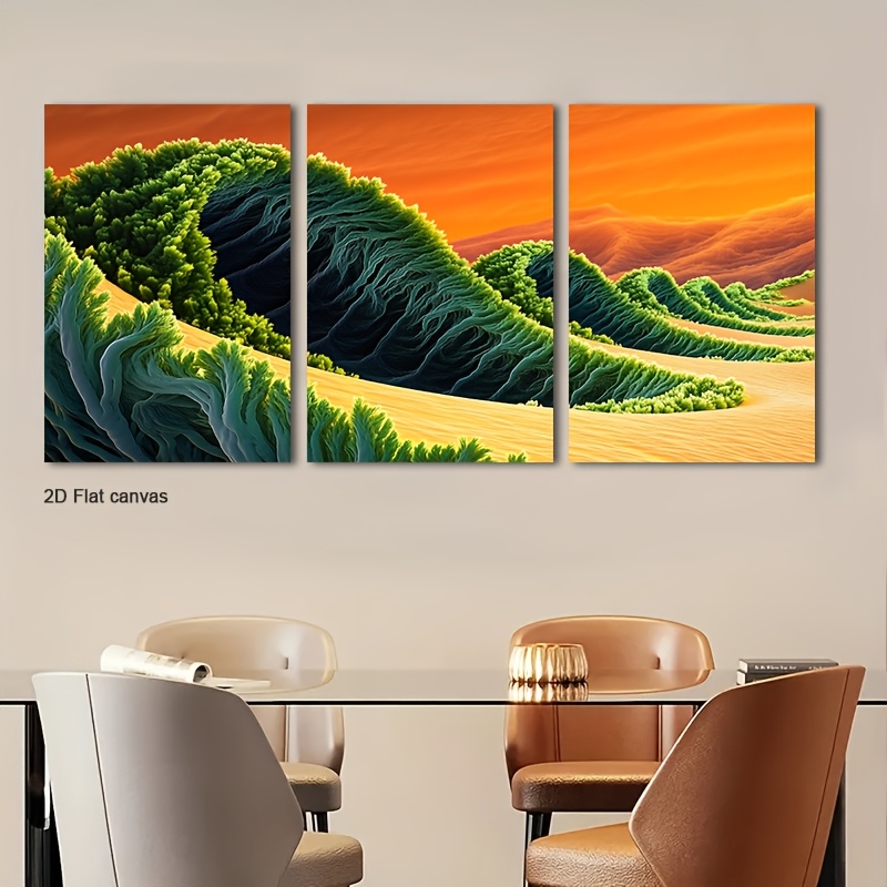 Canvas Wrap Ready - 3-delige Green Wave Terrai Abstracte Wandkunst