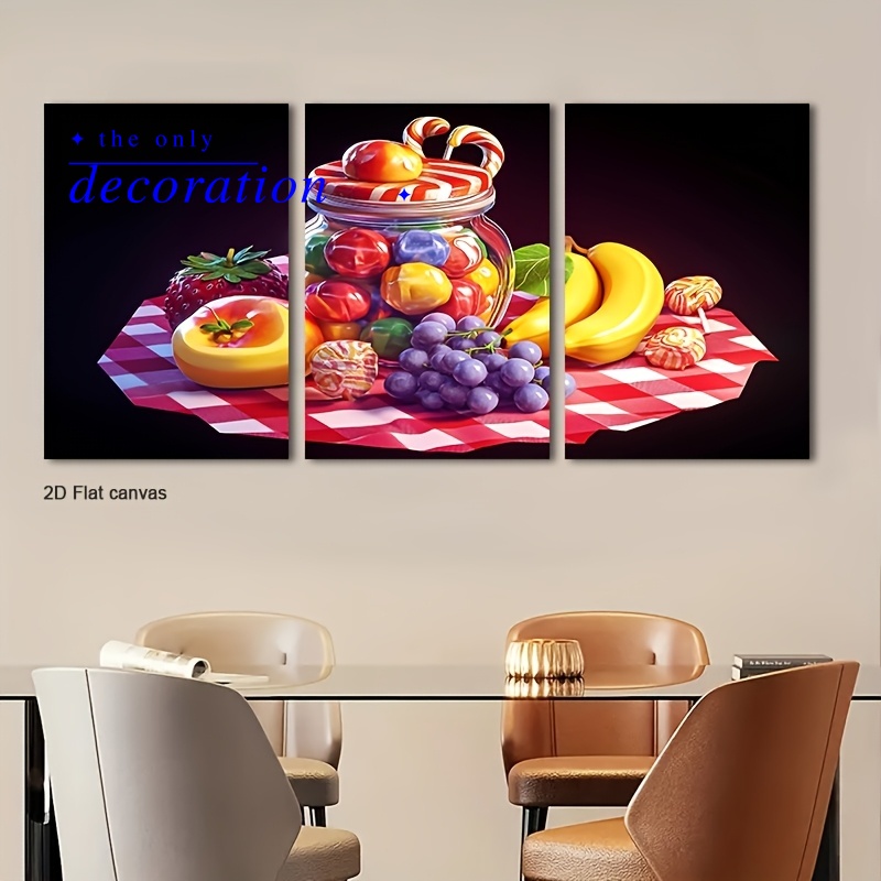 Canvas Wrap Ready - 3-delige ingelijste snoep- en fruitpicknick wanddecoratie